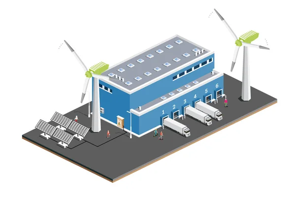 Isometrische Distributie Logistisch Centrum Met Zonnepanelen Met Windturbines Magazijn Opslagfaciliteiten — Stockvector