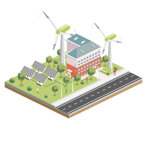 Isometrische Sonnenkollektoren Mit Windkraftanlage Green Eco Friendly House Infografische Elemente — Stockvektor