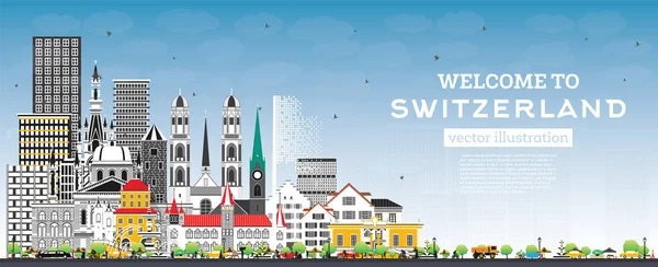 Bienvenue Suisse City Skyline Avec Bâtiments Gris Ciel Bleu Illustration — Image vectorielle