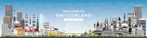 Bienvenido Suiza City Skyline Con Edificios Grises Cielo Azul Ilustración — Archivo Imágenes Vectoriales