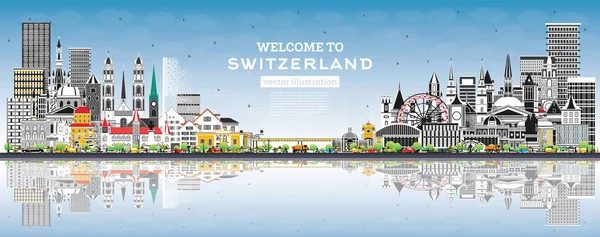 Bienvenido Suiza City Skyline Con Edificios Grises Cielo Azul Ilustración — Archivo Imágenes Vectoriales