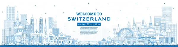 Bem Vindo Suíça Esboço Cidade Skyline Com Edifícios Azuis Ilustração — Vetor de Stock