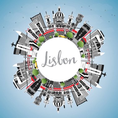 Lisbon Portugal City Skyline Renkli Binalar, Mavi Gökyüzü ve Kopyalama Uzayı. Vektör İllüstrasyonu. Tarihi yerleri olan Lizbon Şehri. Tarihi Mimariyle İş Seyahati ve Turizm Konsepti.