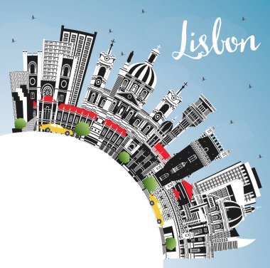 Lisbon Portugal City Skyline Renkli Binalar, Mavi Gökyüzü ve Kopyalama Uzayı. Vektör İllüstrasyonu. Tarihi yerleri olan Lizbon Şehri. Tarihi Mimariyle İş Seyahati ve Turizm Konsepti.