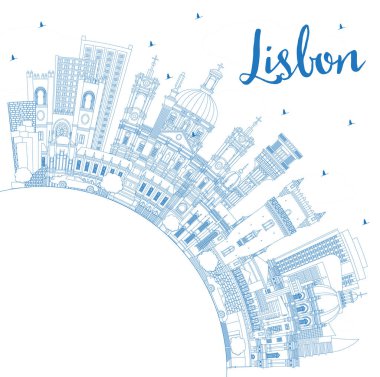 Lizbon Portekiz Şehri Skyline 'ı Blue Buildings ve Copy Space ile özetleyin. Vektör İllüstrasyonu. Tarihi yerleri olan Lizbon Şehri. Tarihi Mimariyle İş Seyahati ve Turizm Konsepti.