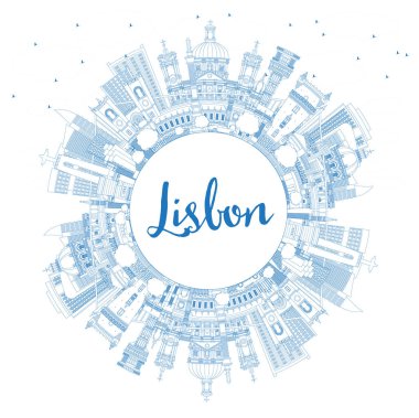 Lizbon Portekiz Şehri Skyline 'ı Blue Buildings ve Copy Space ile özetleyin. Vektör İllüstrasyonu. Tarihi yerleri olan Lizbon Şehri. Tarihi Mimariyle İş Seyahati ve Turizm Konsepti.