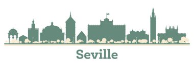 Renkli binalarla soyut Seville İspanya Şehri Skyline. Vektör İllüstrasyonu. Modern Mimariyle İş Seyahati ve Turizm Konsepti.