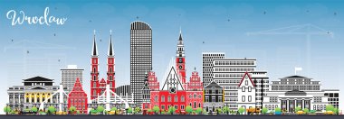Wroclaw Polonya City Skyline Renkli Binalar ve Mavi Gökyüzü. Vektör İllüstrasyonu. Landmark 'lı Wroclaw Cityscape. Tarihi Mimariyle İş Seyahati ve Turizm Konsepti