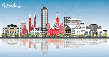 Wroclaw Polonya City Skyline Renkli Binalar, Mavi Gök ve Yansımalar ile. Vektör İllüstrasyonu. Landmark 'lı Wroclaw Cityscape. Tarihi Mimariyle İş Seyahati ve Turizm Konsepti.
