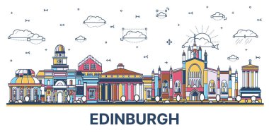 Edinburgh şehrinin ana hatları, beyaza izole edilmiş renkli modern ve tarihi binalar ile Skyline. Vektör İllüstrasyonu. Edinburgh Şehir Manzarası.