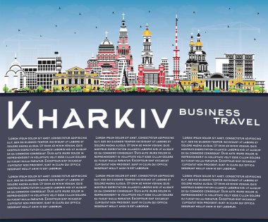 Kharkiv Ukrayna City Skyline Renkli Binalar, Mavi Gökyüzü ve Kopya Uzayı. Vektör İllüstrasyonu. Tarihi Simgeli Harkiv Cityscape. Tarihi Mimariyle İş Seyahati ve Turizm Konsepti.