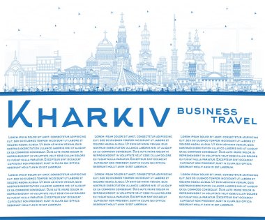 Harkiv Ukrayna Şehri Skyline 'ı Blue Buildings ve Copy Space ile özetleyin. Vektör İllüstrasyonu. Tarihi Simgeli Harkiv Cityscape. Tarihi Mimariyle İş Seyahati ve Turizm Konsepti.