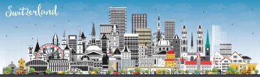 Gri Binalar ve Mavi Gökyüzü ile İsviçre City Skyline. Vektör İllüstrasyonu. Modern ve Tarihsel Mimarlık. Şehir simgeleriyle dolu İsviçre şehri. Bern. Basel. Lugano. Zürih 'te. Cenevre.