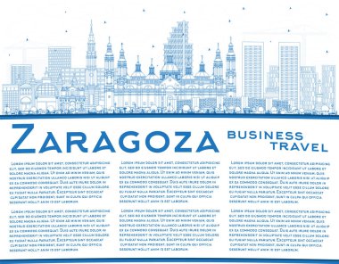Ana hatları Zaragoza İspanya City Skyline ile Blue Buildings ve Copy Space. Vektör İllüstrasyonu. Şehir simgeleriyle Zaragoza şehri. Tarihi Mimariyle İş Seyahati ve Turizm Konsepti