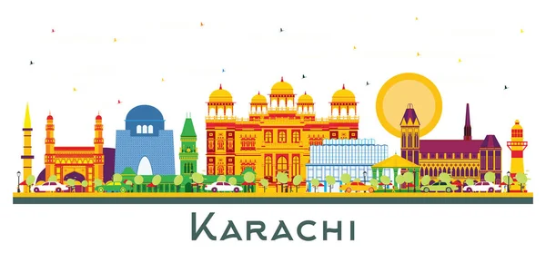 Karachi Pakistan City Skyline Έγχρωμα Ορόσημα Που Απομονώνονται Λευκό Εικονογράφηση — Διανυσματικό Αρχείο