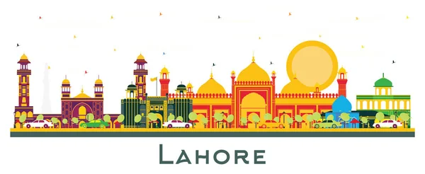Lahore Pakistan City Skyline Color Landmarks Isolated White Inglés Ilustración — Vector de stock