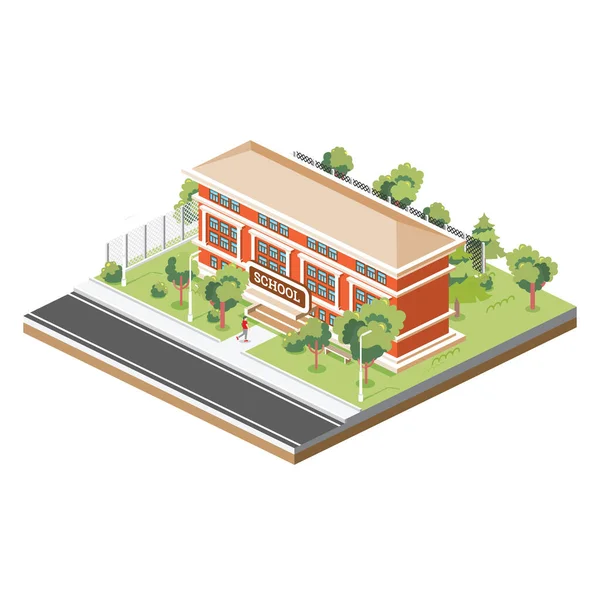 Isometric School Building Isolated White Background Illustration Vectorielle Les Arbres — Image vectorielle