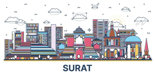 stock vector Outline Surat India City Skyline with Colored Modern and Historic Buildings Isolated on White. Vector Illustration. Surat Cityscape with Landmarks