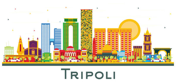 Tripoli Libya City Skyline with Color Building Isolated on White. Векторная иллюстрация. Концепция деловых поездок и туризма с историческими зданиями. Триполи с достопримечательностями