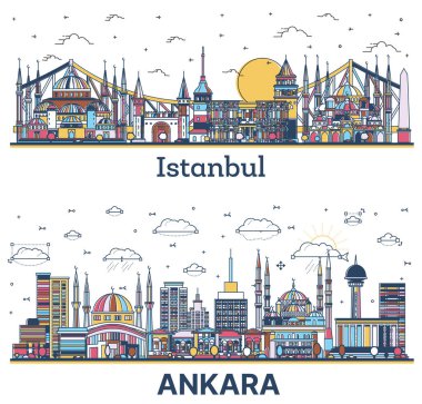 Ankara ve İstanbul 'un ana hatlarıyla, Beyaz üzerine izole edilmiş Tarihi Renkli Binalar ile birlikte Türkiye' nin Skyline seti. Yer İmlerine sahip şehir manzarası.