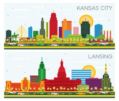 Lansing Michigan ve Kansas City Missouri City Skyline Set ile Color Buildings ve Blue Sky. Yer İmlerine sahip şehir manzarası.