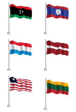 Lüksemburg, Laos, Letonya, Liberya, Litvanya ve Libya Bayrakları. Bayrak direğinde İzole Gerçekçi Dalga Bayrağı.
