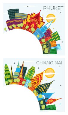 Chiang Mai ve Phuket Tayland Şehri Skyline Set Renkli Binalar, Mavi Gökyüzü ve Kopya Uzay. Modern Mimariyle İş Seyahatleri ve Turizm Konsepti. Yer İmlerine sahip şehir manzarası.