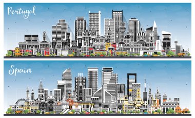 Portekiz ve İspanya. Gray Binaları ve Blue Sky ile City Skyline. Şehir simgeleriyle dolu. Porto ve Lisbon. Madrid mi? Barselona 'da. Valencia. Sevilla. Zaragoza.