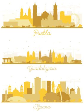 Guadalajara, Tijuana and Puebla Mexico City Skyline Silhouette Set with Golden Buildings Isolated on White. Cityscape with Landmarks. clipart
