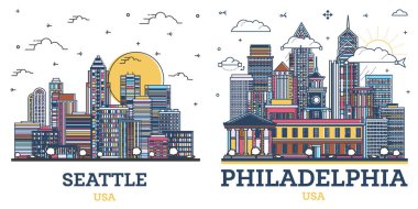 Philadelphia Pennsylvania ve Seattle Washington City Skyline Set ve Color Buildings izole edilmiş. Yer İmlerine sahip şehir manzarası. 