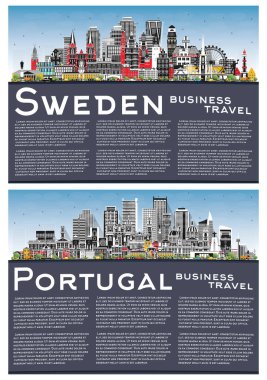 Portekiz ve İsveç. Gray Buildings, Blue Sky ve Copy Space ile City Skyline Set. Şehir simgeleriyle dolu. Stockholm. Uppsala. Malmö. Göteborg. Porto ve Lizbon.