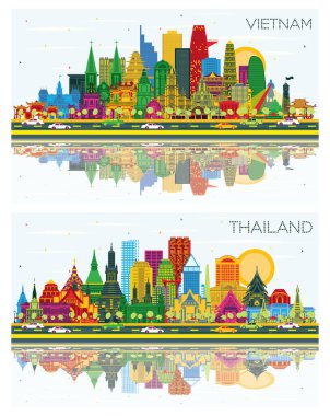 Tayland ve Vietnam City Skyline Set Renkli Binalar, Mavi Gök ve Yansımalar. Şehir simgeleriyle dolu. Hanoi. Ho Chi Minh.