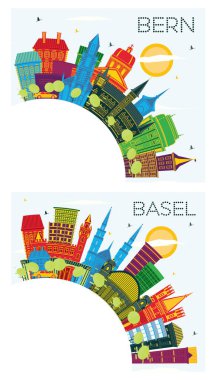 Basel ve Bern İsviçre City Skyline Set Renkli Binalar, Mavi Gökyüzü ve Kopya Uzay. Tarihi Mimariyle İş Seyahati ve Turizm Konsepti. Yer İmlerine sahip şehir manzarası.