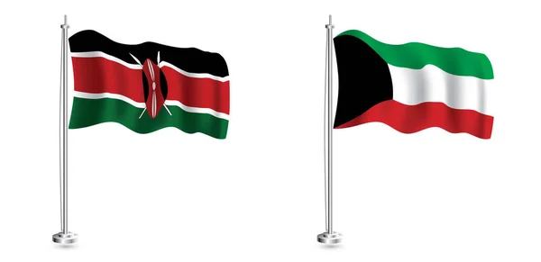 科威特和肯尼亚国旗组 肯尼亚和科威特国家在旗杆上孤立的现实主义波浪旗 — 图库照片