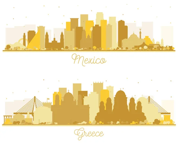 Greece Mexico Skyline Silhouette Set Golden Buildings Isolated White Concept — Stock Photo, Image