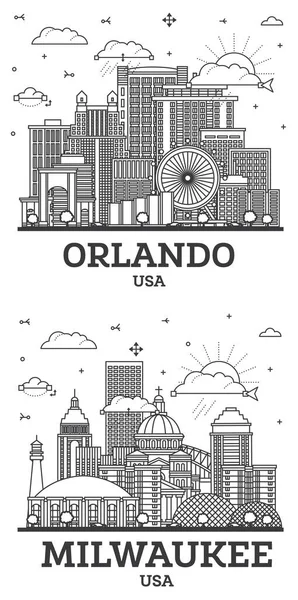 Очертания Милуоки Висконсин Орландо Флорида Сити Skyline Set Современными Историческими — стоковое фото