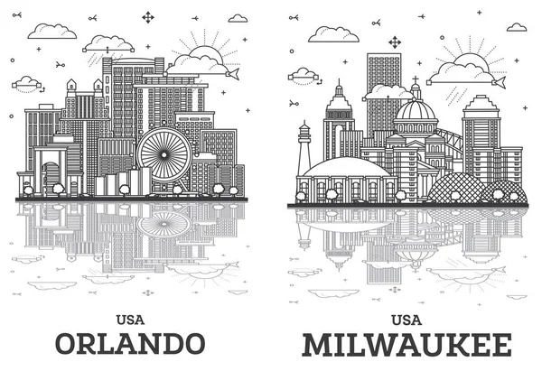 概要ミルウォーキーウィスコンシンとオーランドフロリダシティスカイライン白に隔離された近代的な建物や反射と設定します ランドマークと都市景観 — ストック写真