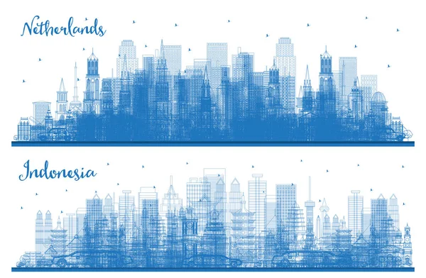 Esquema Indonesia Países Bajos Skyline Set Con Edificios Azules Paisaje —  Fotos de Stock