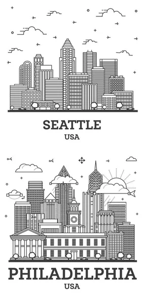 Umriss Philadelphia Pennsylvania Und Seattle Washington Usa City Skyline Set — Stockfoto