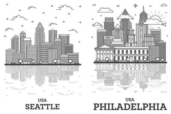 Philadelphia Pennsylvania Seattle Washington City Skyline Set Modern Binalar Yansımalar — Stok fotoğraf