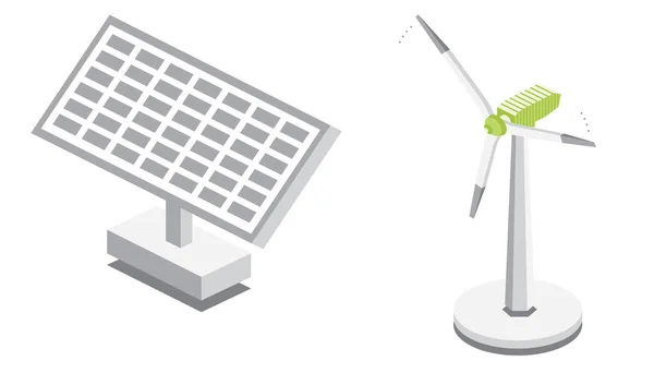 Central Eólica Isométrica Panel Batería Solar Aislados Sobre Fondo Blanco — Foto de Stock