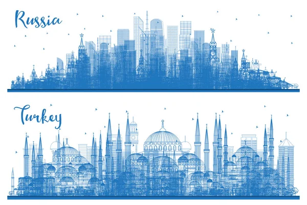 Disposition Turkiet Och Ryssland City Skyline Set Med Blå Byggnader — Stockfoto