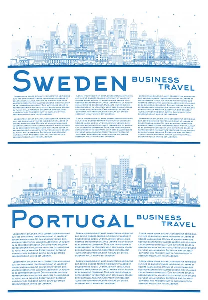 Portugalsko Švédsko Obrys City Skyline Set Modrými Budovami Kopírovat Prostor — Stock fotografie