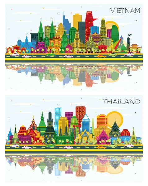 泰国和越南的天际线设置与色彩建筑 蓝天和反光 城市景观与地标 胡志明 — 图库照片