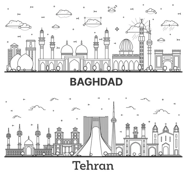 Outline Teheran Iran Bagdad Iraq City Skyline Set Met Historische — Stockfoto
