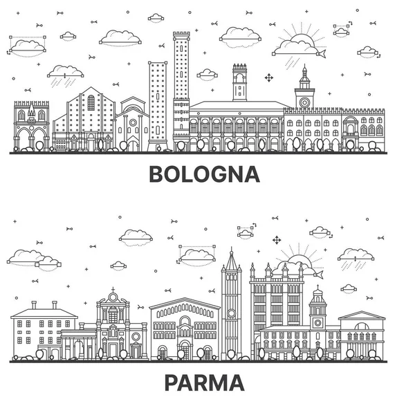 Ana Hatlarıyla Parma Bologna Italya City Skyline Set Beyaz Üzerine — Stok fotoğraf