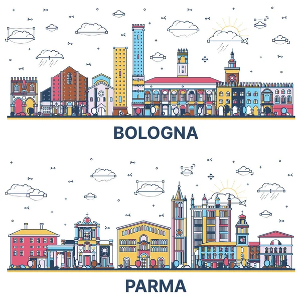 Ana Hatları Parma Bologna Italya City Skyline Set Beyaza Izole — Stok fotoğraf