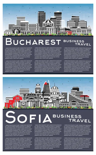 Bukurešť Rumunsko Sofie Bulharsko City Skyline Set Barevnými Budovami Modré — Stock fotografie