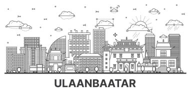 Ulaanbaatar Moğolistan Şehri Skyline 'ın ana hatlarıyla Modern ve Tarihi Binalar beyaza izole edilmiştir. Vektör İllüstrasyonu. Simgeli Ulaanbaatar Şehir Manzarası.