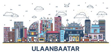 Ulaanbaatar 'ın Moğolistan şehrinin silueti ve beyaza izole edilmiş renkli tarihi binalar. Vektör İllüstrasyonu. Simgeli Ulaanbaatar Şehir Manzarası.